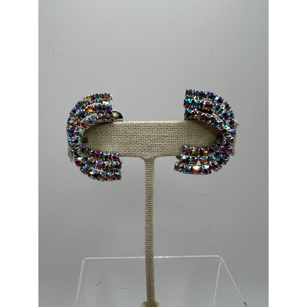 Vintage Aurora Borealis Rhinestone Clip Earrings Curved Silver‎ Tone Statement